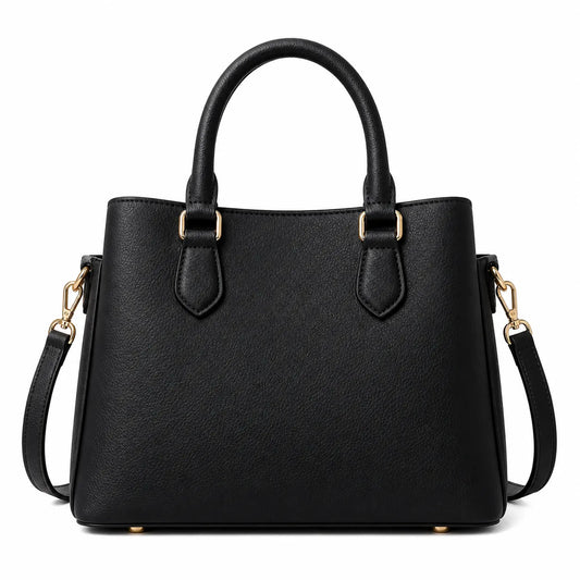 Elarabags Classic Black Leather Handbag with Shoulder Strap for Women